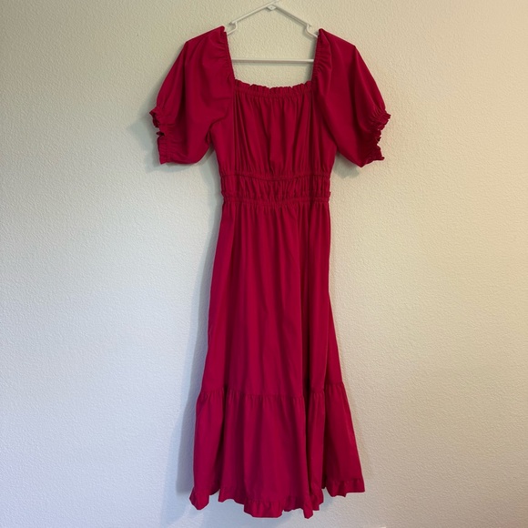 Indigo Rose Hot Pink Milkmaid Smocked Tiered Midi Dress - Picture 7 of 7